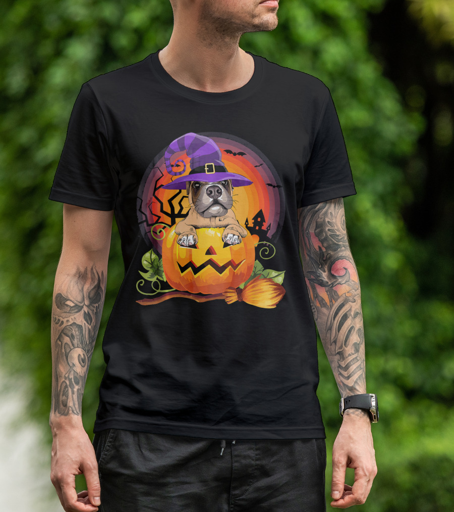 Boxer Dog In Witch Hat With Pumpkin Halloween Scene T-Shirt