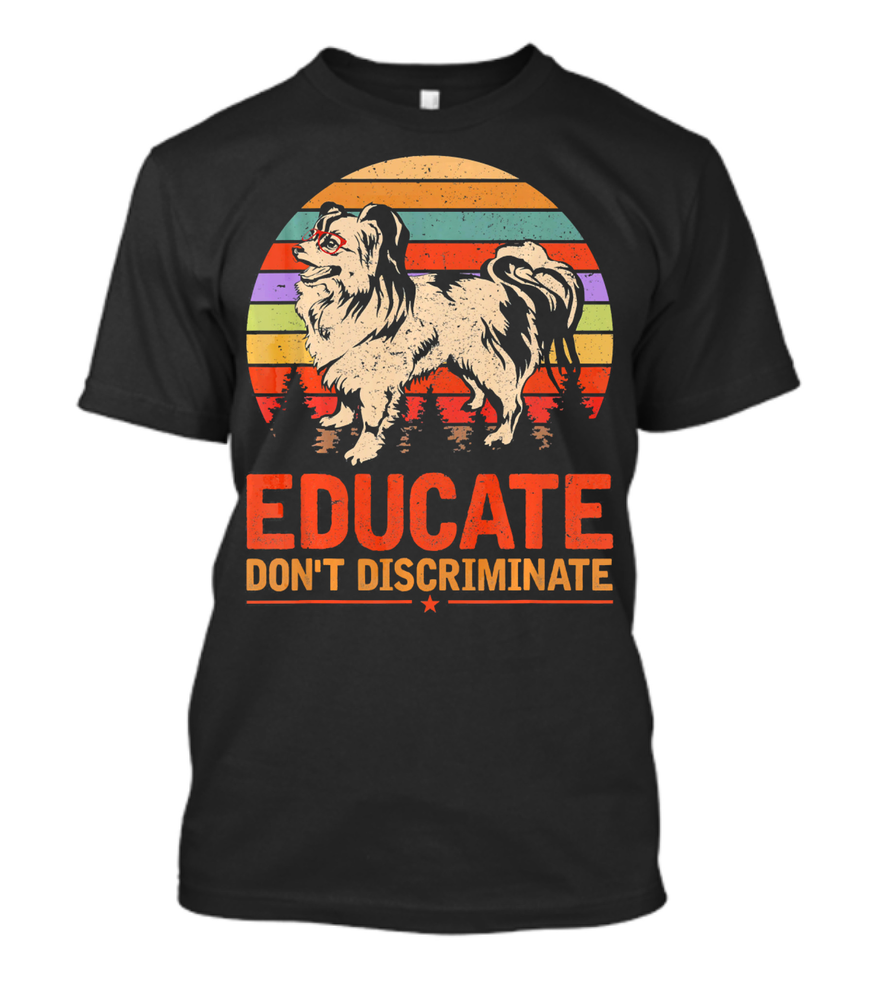Educate Don't Discriminate Papillon Vintage Rainbow Dog T-Shirt