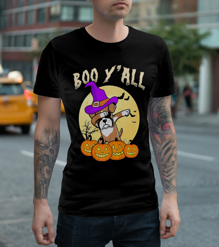 Boo Y'all Boxer Dog Witch Dabbing with Pumpkins T-Shirt