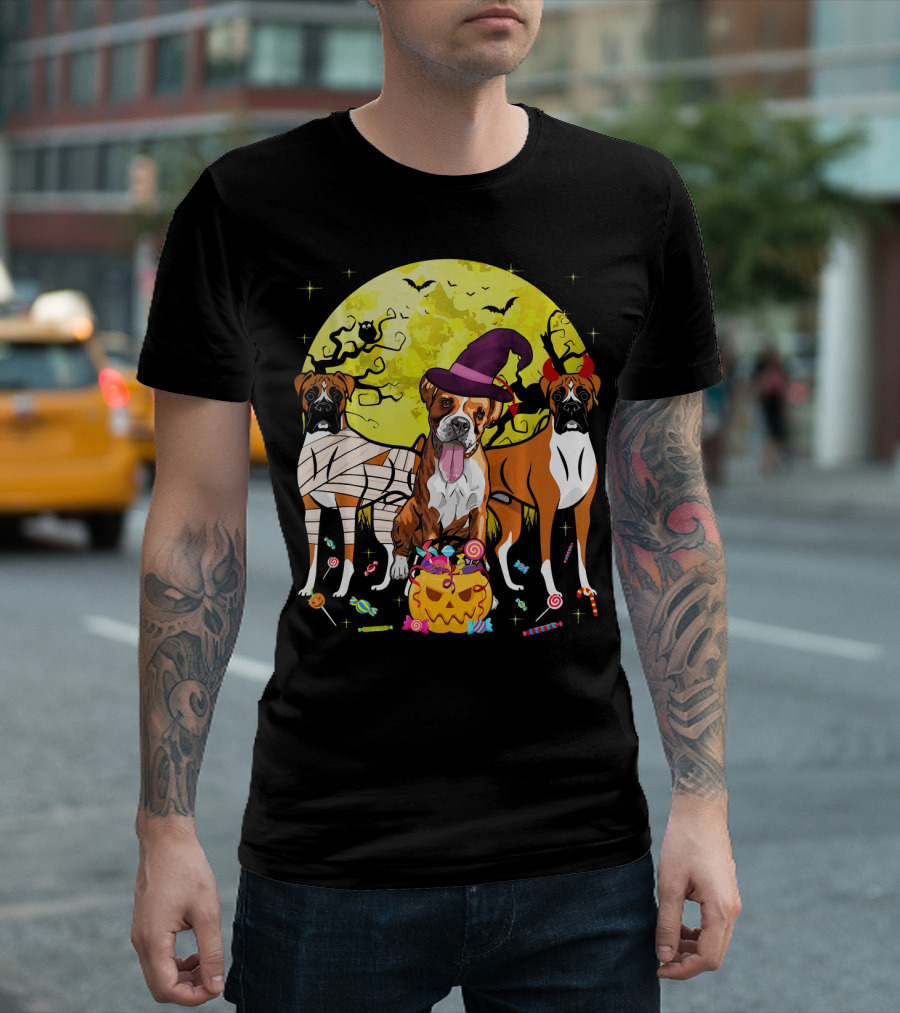 Halloween Boxer Dogs in Witch Hat and Mummy Costume with Candy T-Shirt