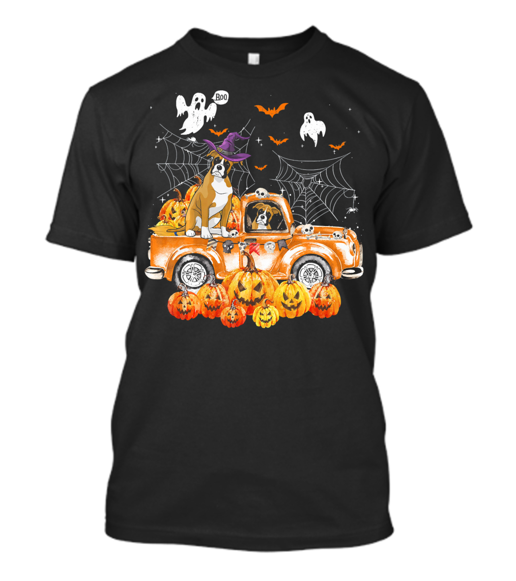 Boxer Dog Witch Hat On Halloween Pumpkin Truck With Ghosts And Cobwebs T-Shirt