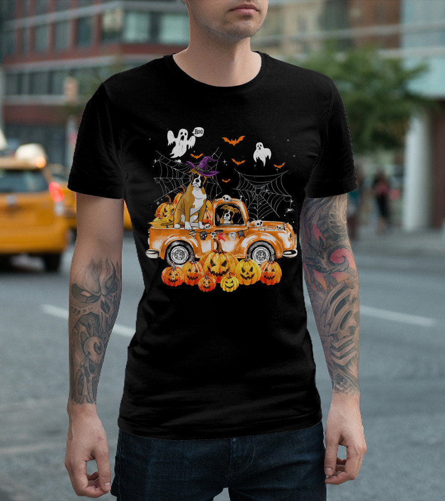 Boxer Dog Witch Hat On Halloween Pumpkin Truck With Ghosts And Cobwebs T-Shirt