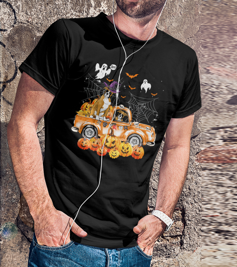 Boxer Dog Witch Hat On Halloween Pumpkin Truck With Ghosts And Cobwebs T-Shirt