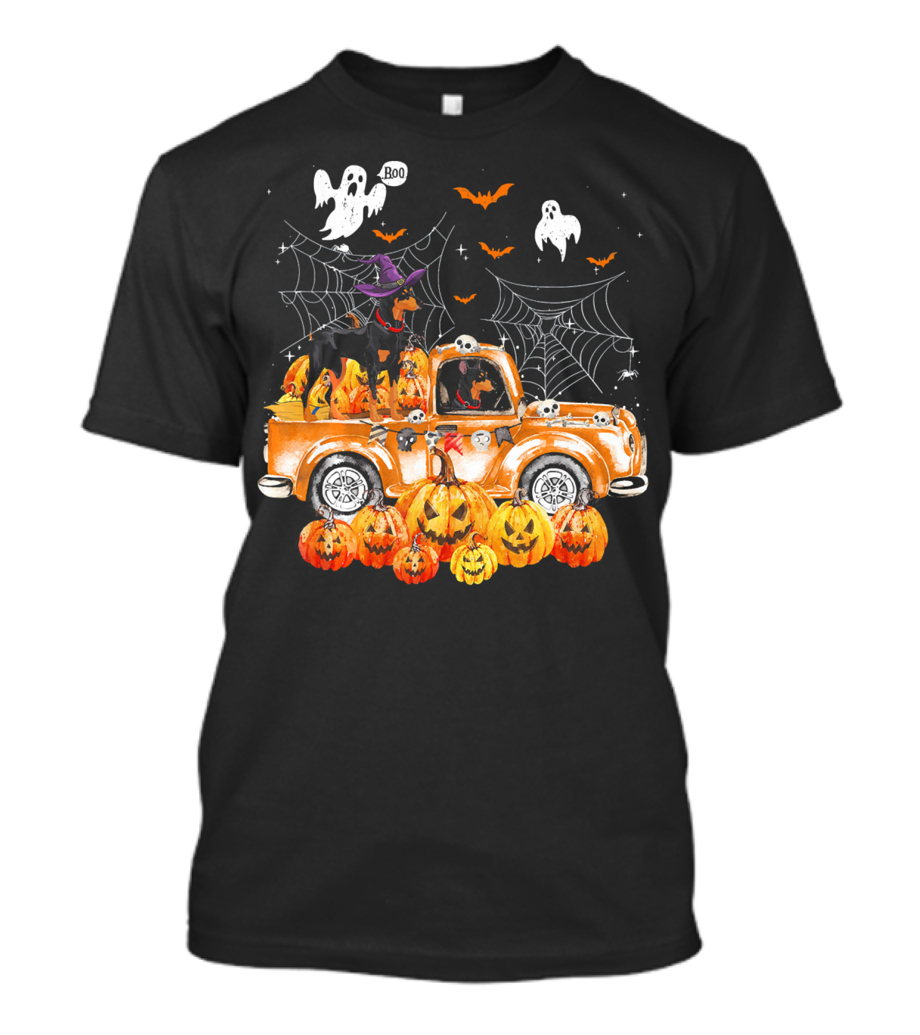 Doberman Witch Hat Halloween Ghosts Pumpkins Truck Autumn Spooky Webs T-Shirt
