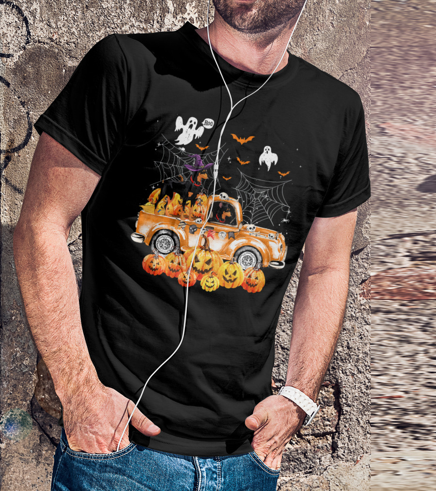Doberman Witch Hat Halloween Ghosts Pumpkins Truck Autumn Spooky Webs T-Shirt