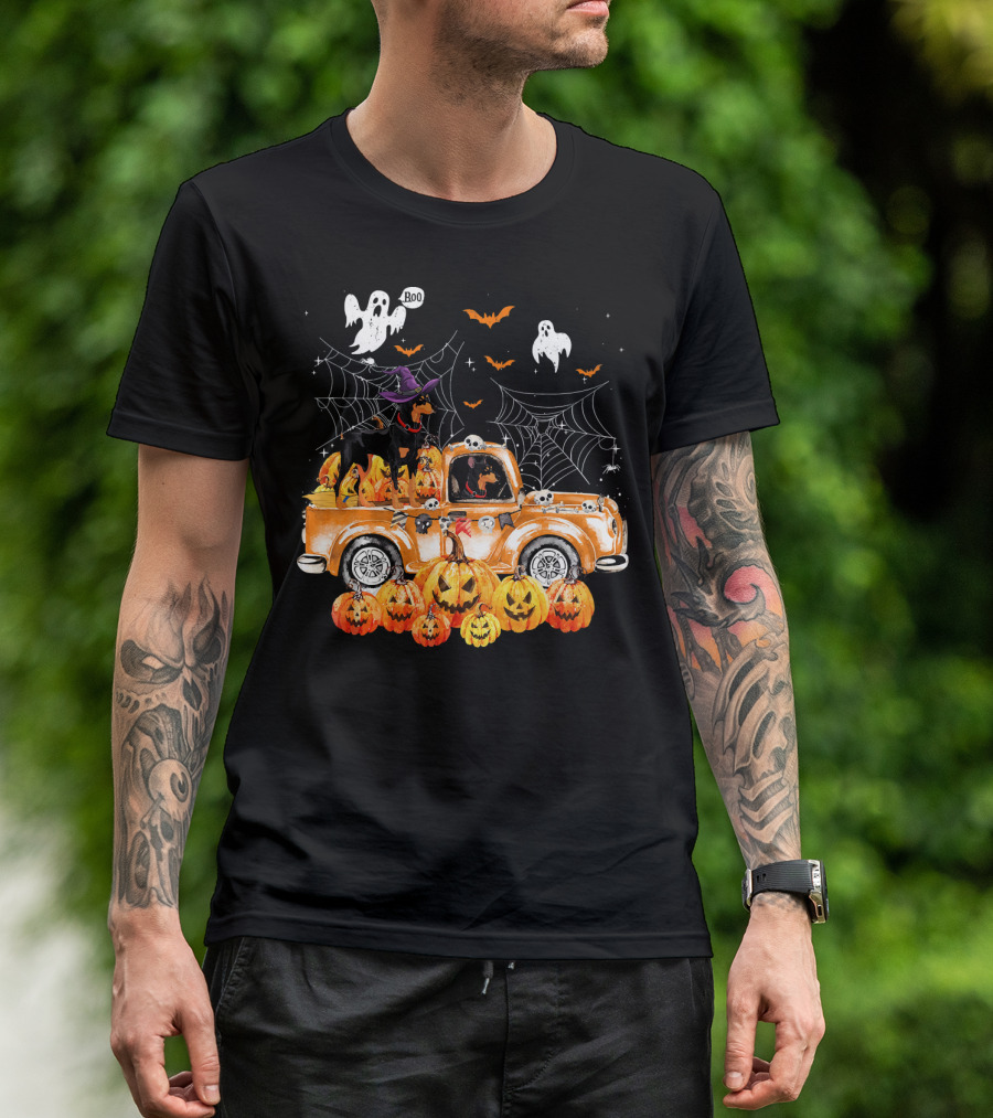 Doberman Witch Hat Halloween Ghosts Pumpkins Truck Autumn Spooky Webs T-Shirt