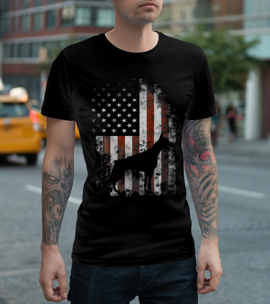 Doberman Pinscher American Flag Silhouette on Distressed Stars and Stripes Background T-Shirt
