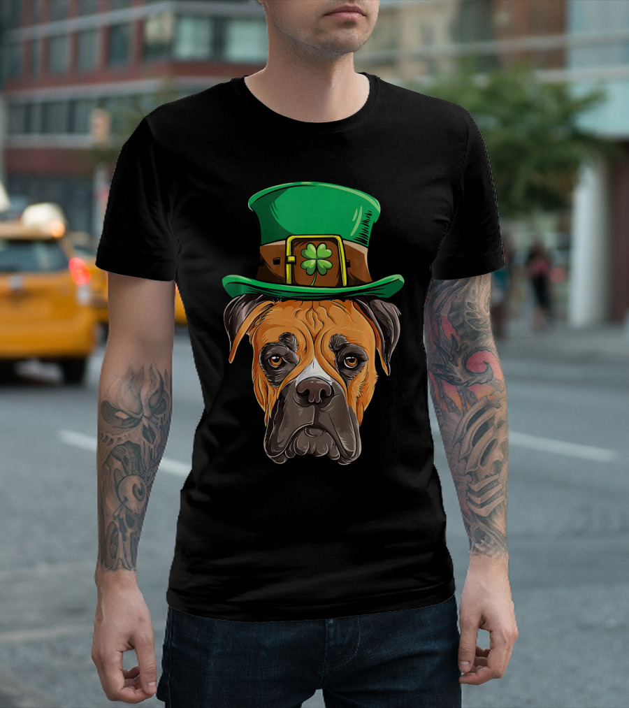 Boxer Dog Wearing St. Patrick's Day Green Hat with Shamrock T-Shirt