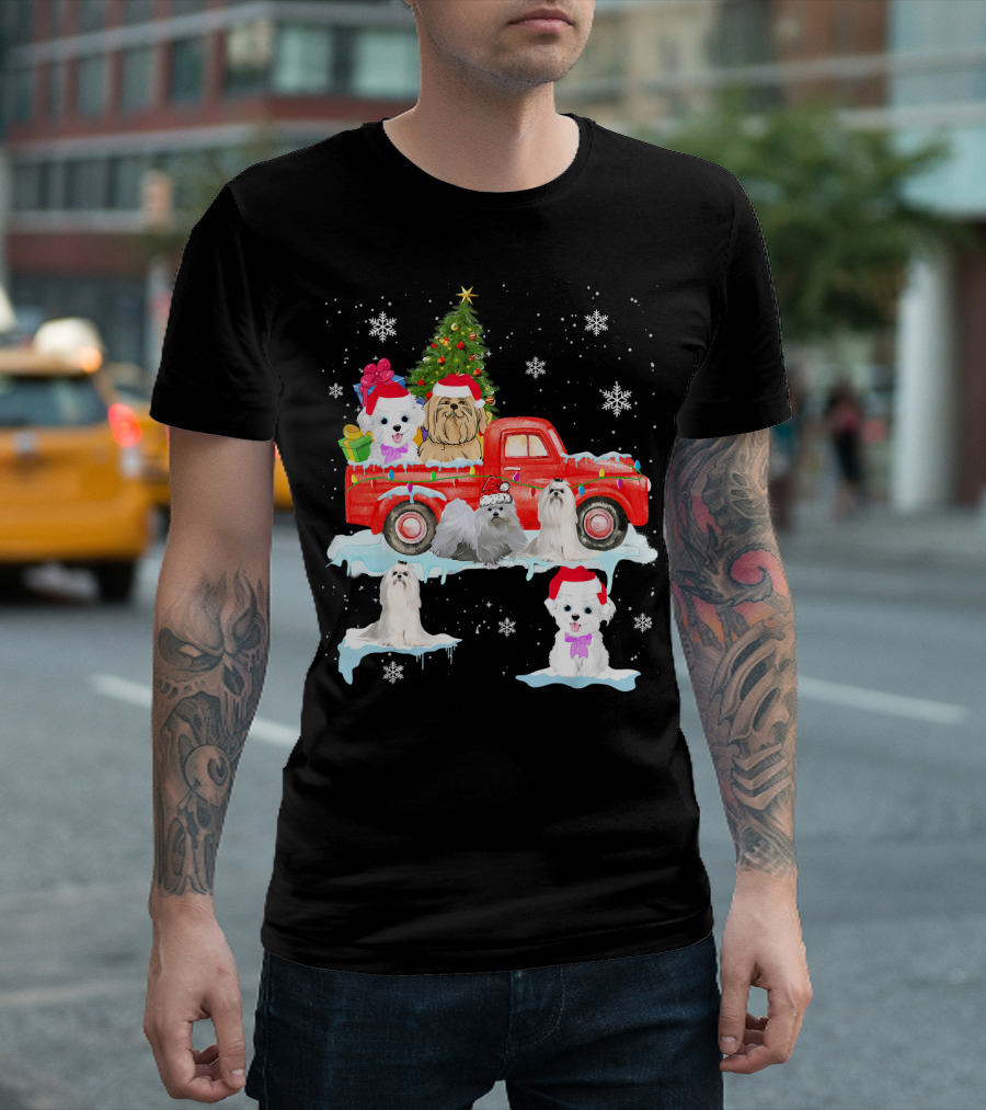 Christmas Maltese Dogs Celebrating on Red Truck with Tree and Snowflakes T-Shirt