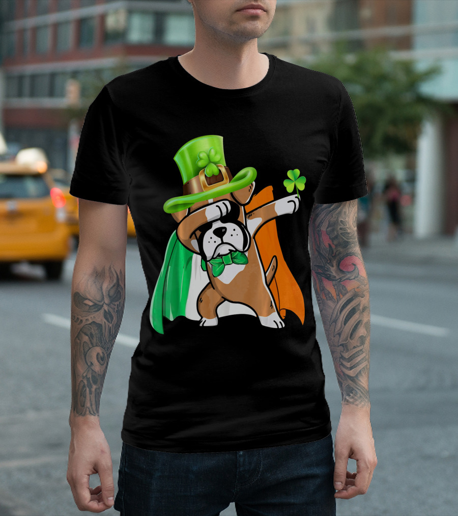 Dabbing Boxer Dog in Leprechaun Hat with Irish Flag Cape and Shamrock T-Shirt