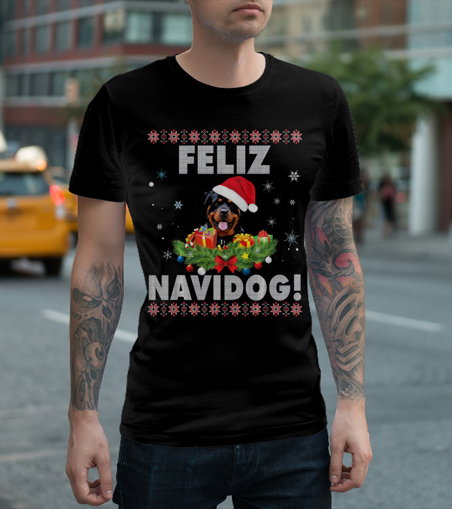 Feliz Navidog Rottweiler Dog Santa Hat Ugly Christmas T-Shirt