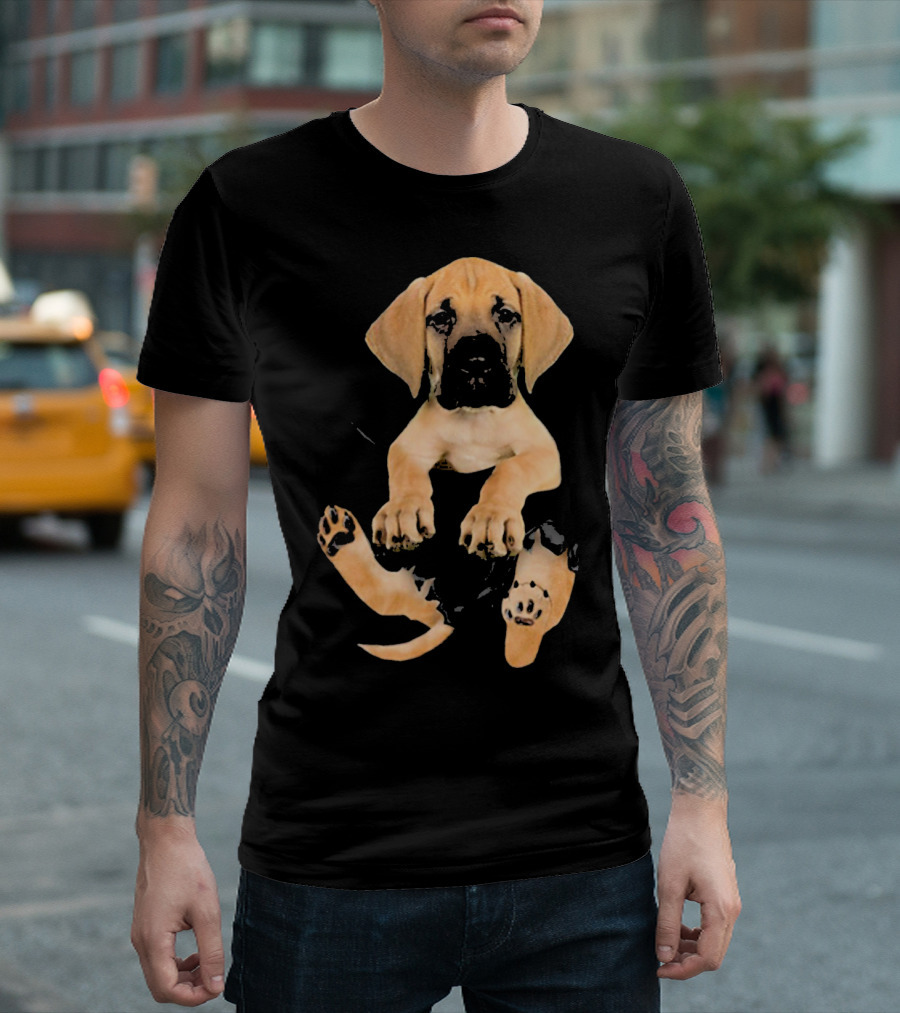 Brown Great Dane Puppy Peeking From Pocket T-Shirt