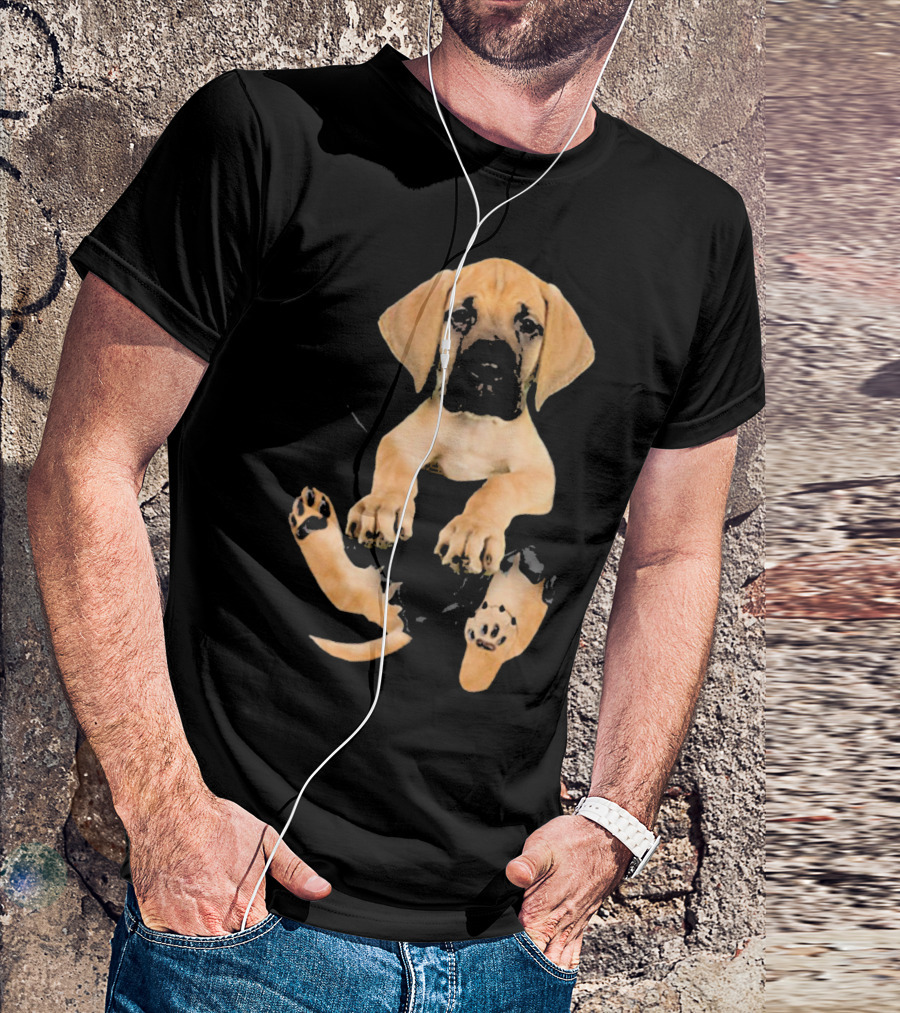 Brown Great Dane Puppy Peeking From Pocket T-Shirt