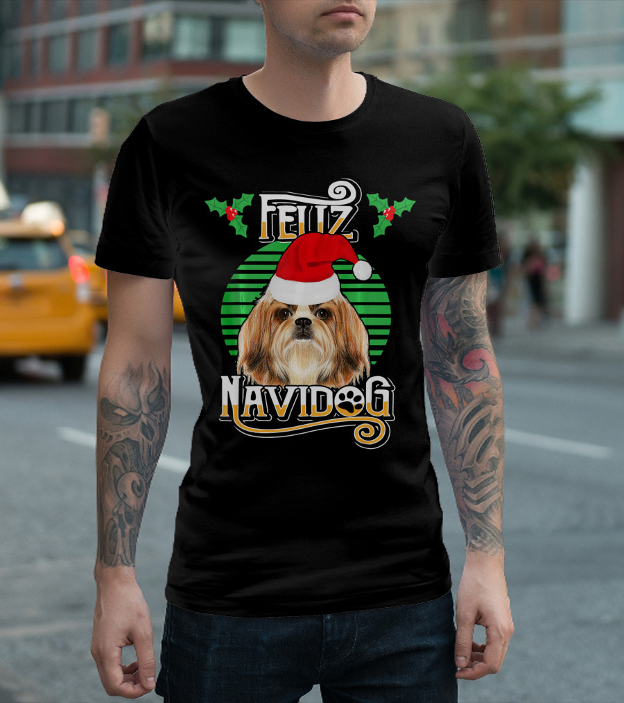 Feliz Navidog Shih Tzu Dog with Santa Hat Holiday Merry T-Shirt