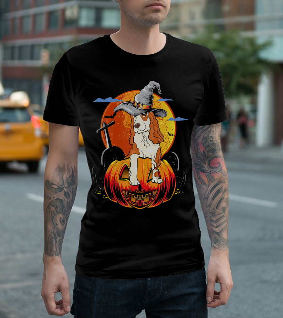 Cocker Spaniel Witch Costume on Halloween Pumpkin with Orange Moon and Clouds T-Shirt