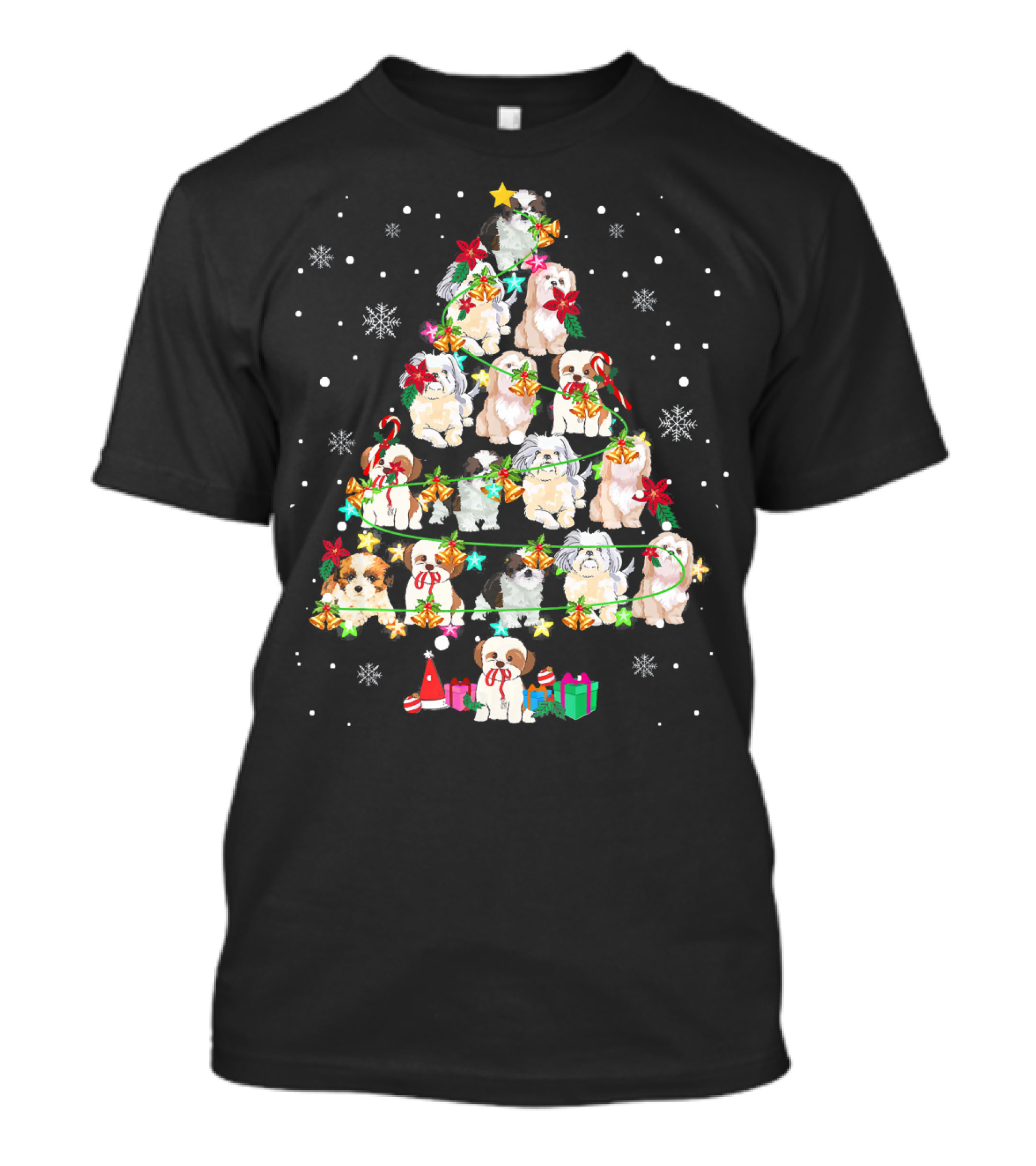 Cute Shih Tzu Xmas Tree Noel Snowflakes And Gifts T-Shirt