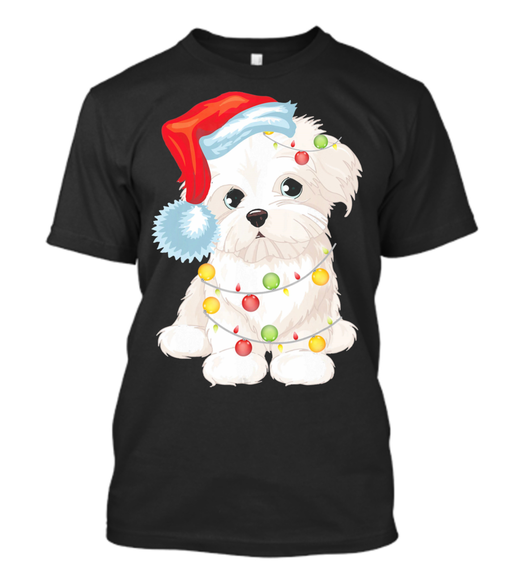 Maltese Dog Wrapped In Christmas Lights Wearing Santa Hat T-Shirt