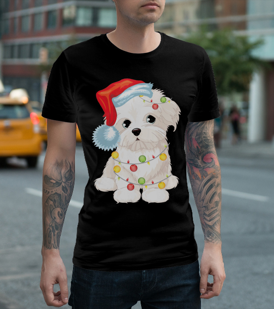 Maltese Dog Wrapped In Christmas Lights Wearing Santa Hat T-Shirt