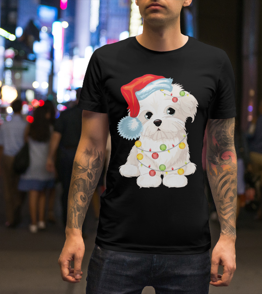 Maltese Dog Wrapped In Christmas Lights Wearing Santa Hat T-Shirt