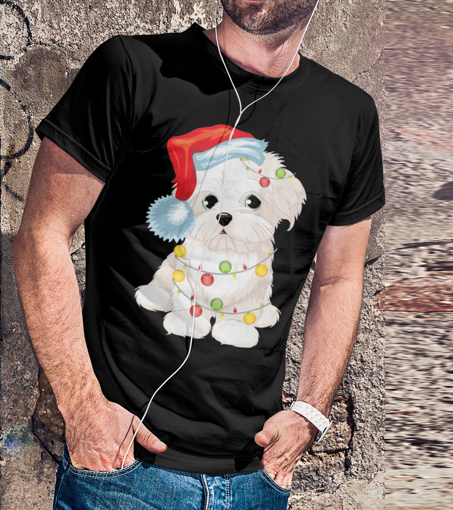 Maltese Dog Wrapped In Christmas Lights Wearing Santa Hat T-Shirt