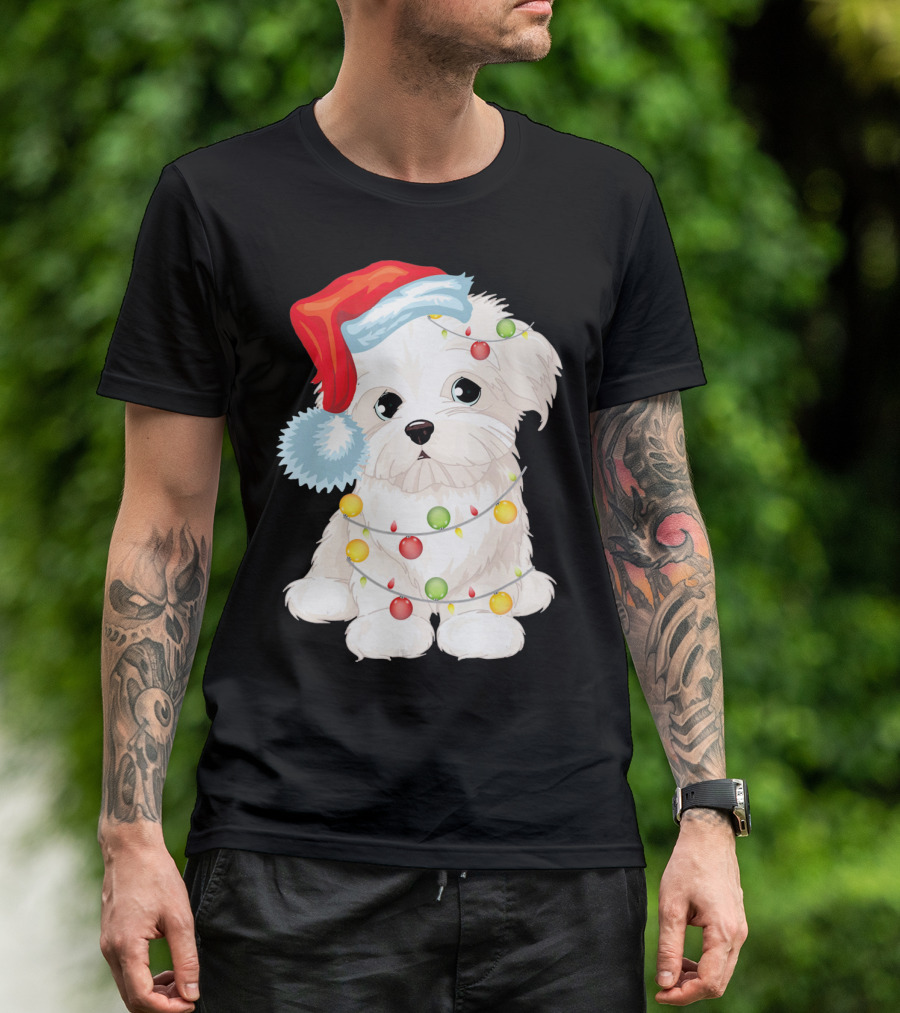 Maltese Dog Wrapped In Christmas Lights Wearing Santa Hat T-Shirt