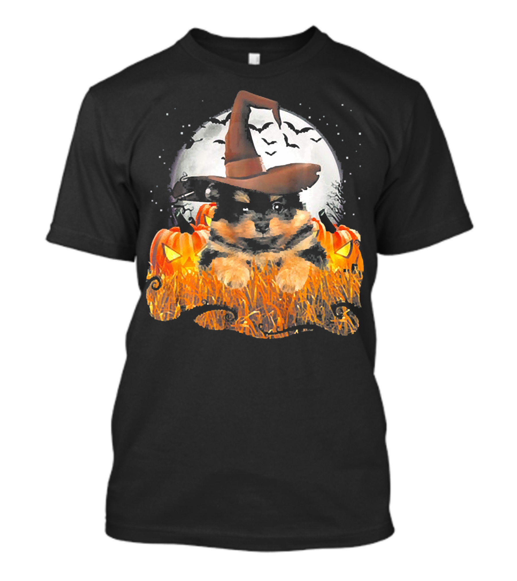 Cute Black Pomeranian Dog Witch On Halloween Pumpkin Patch With Full Moon T-Shirt