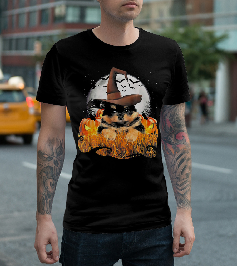 Cute Black Pomeranian Dog Witch On Halloween Pumpkin Patch With Full Moon T-Shirt