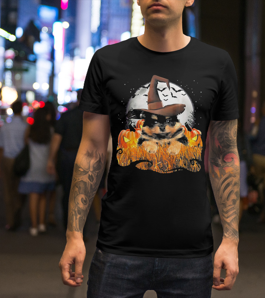 Cute Black Pomeranian Dog Witch On Halloween Pumpkin Patch With Full Moon T-Shirt
