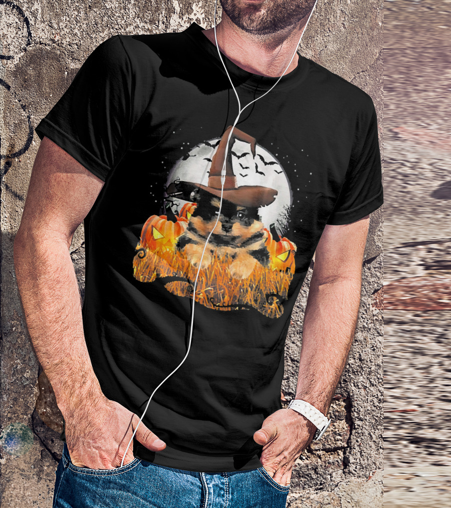 Cute Black Pomeranian Dog Witch On Halloween Pumpkin Patch With Full Moon T-Shirt