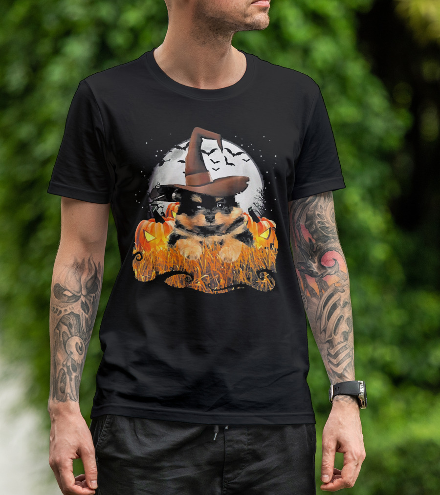 Cute Black Pomeranian Dog Witch On Halloween Pumpkin Patch With Full Moon T-Shirt