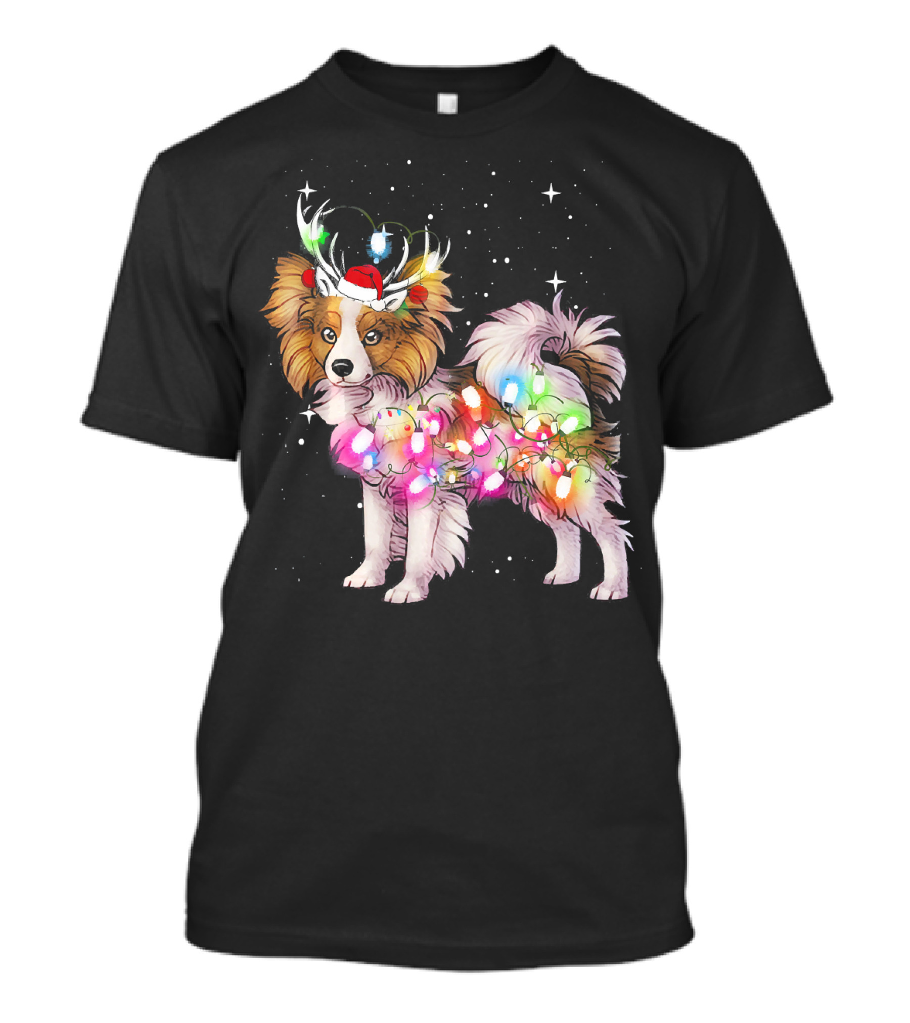 Papillon Dog Wrapped In Christmas Lights With Santa Hat And Antlers T-Shirt