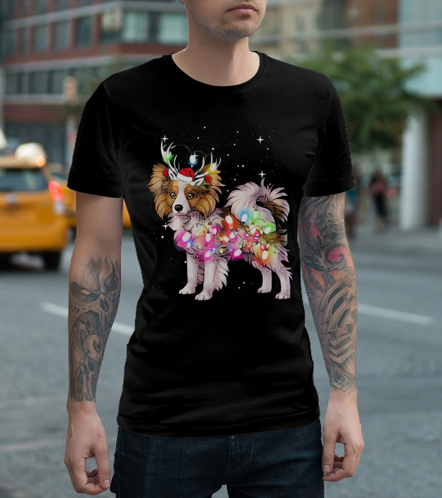 Papillon Dog Wrapped In Christmas Lights With Santa Hat And Antlers T-Shirt