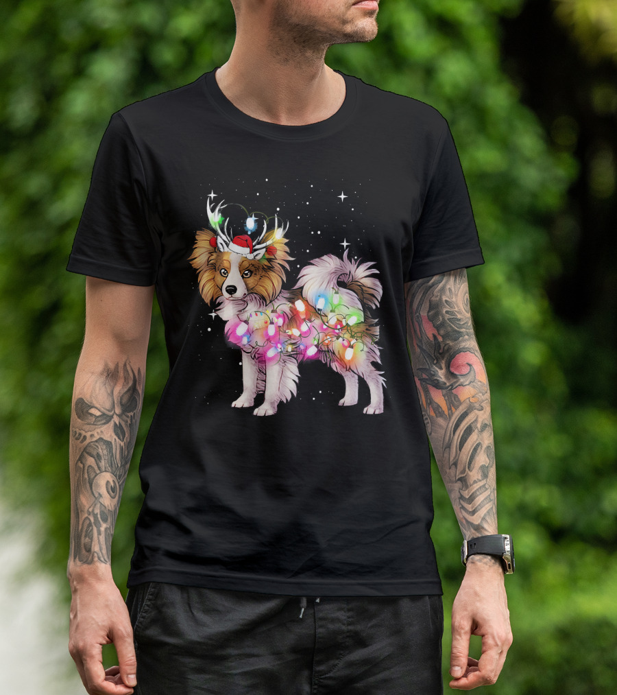 Papillon Dog Wrapped In Christmas Lights With Santa Hat And Antlers T-Shirt