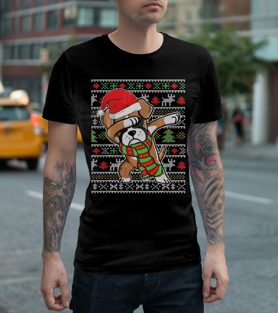 Boxer Dog Santa Hat Dabbing Ugly Christmas Sweater Drawing T-Shirt
