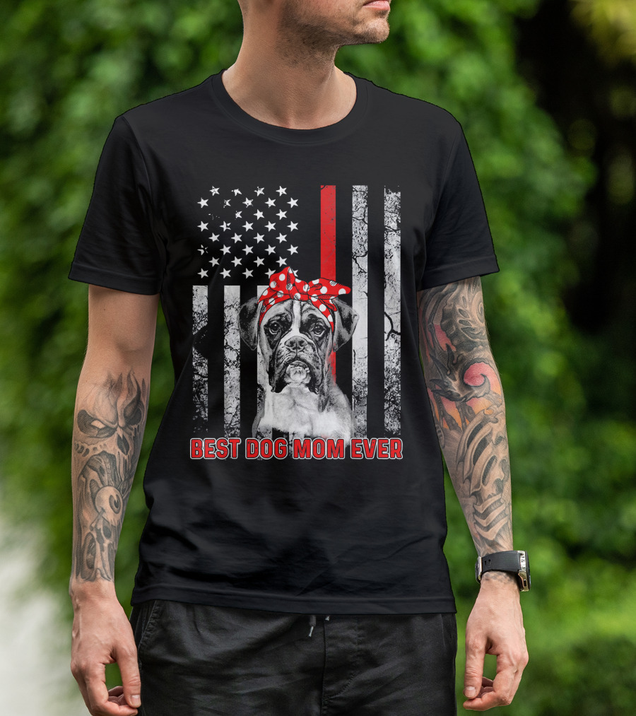 Best Dog MOM Ever Boxer American Flag USA T-Shirt
