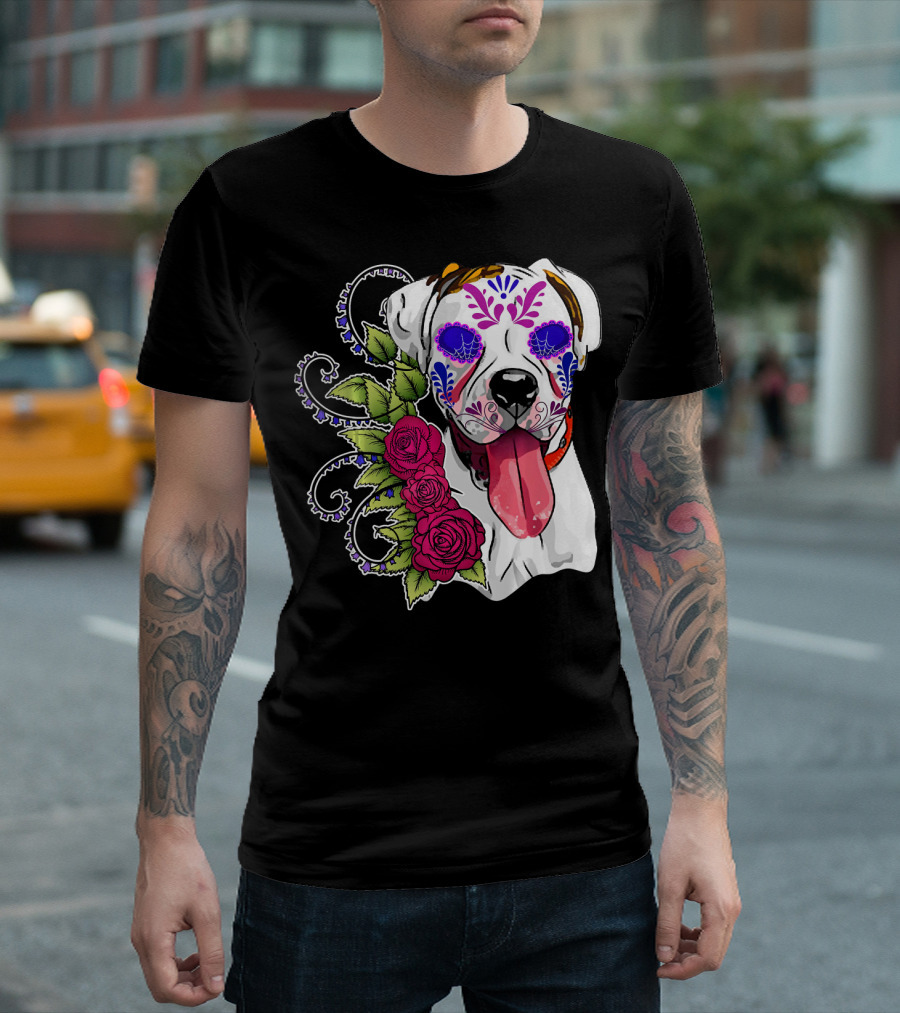 Boxer Dog Sugar Skull Day Of The Dead Roses T-Shirt