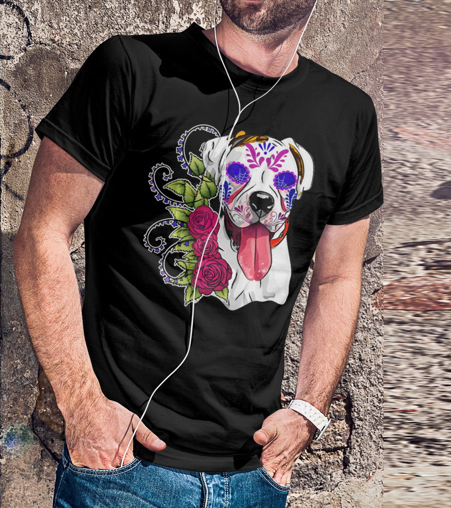 Boxer Dog Sugar Skull Day Of The Dead Roses T-Shirt