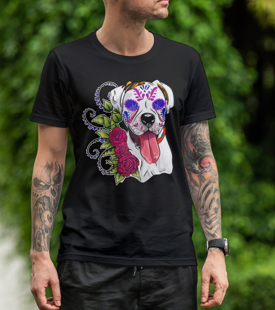 Boxer Dog Sugar Skull Day Of The Dead Roses T-Shirt