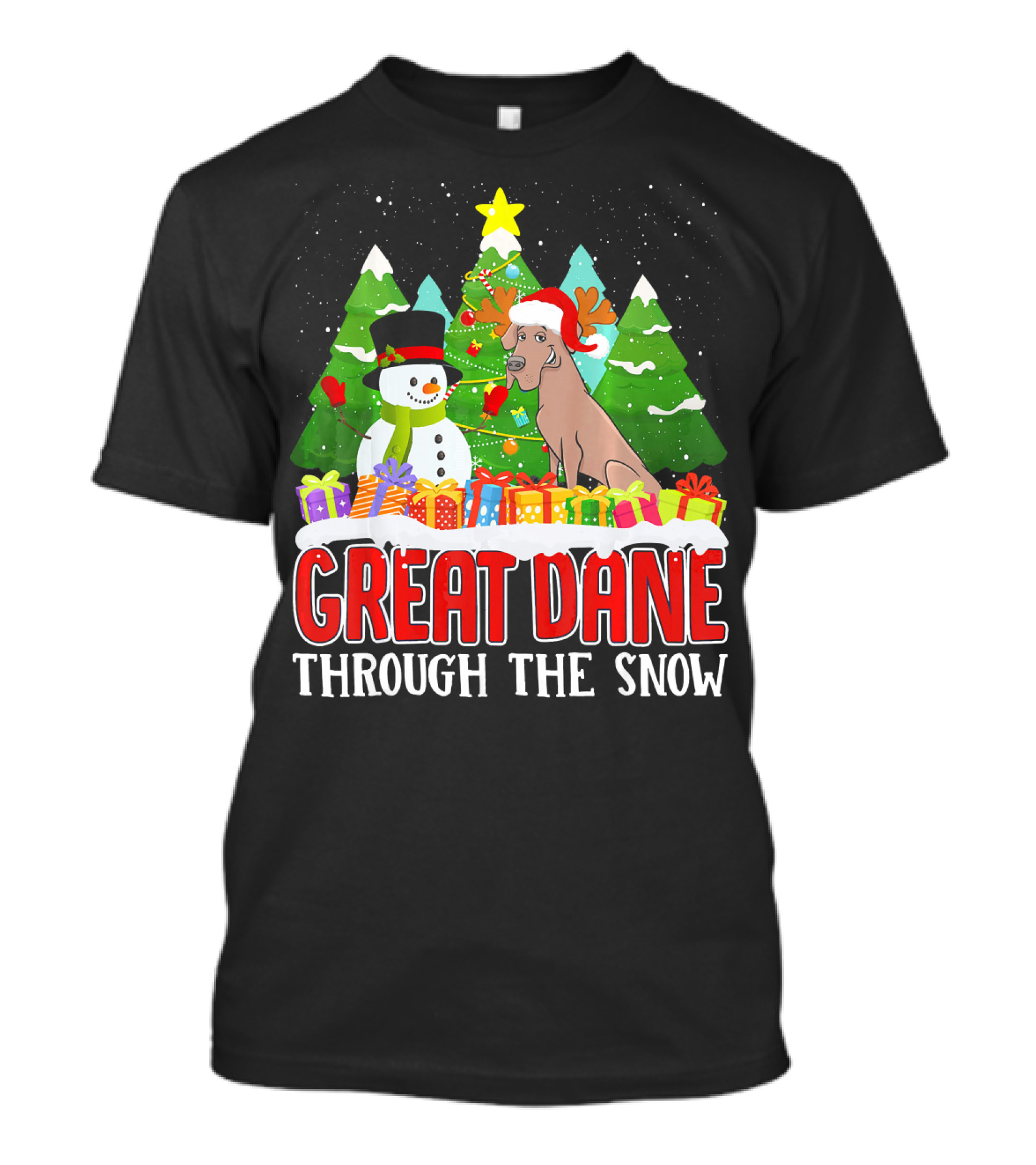 Great Dane Through The Snow Christmas Tree Snowman T-Shirt