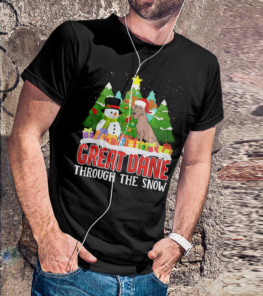 Great Dane Through The Snow Christmas Tree Snowman T-Shirt