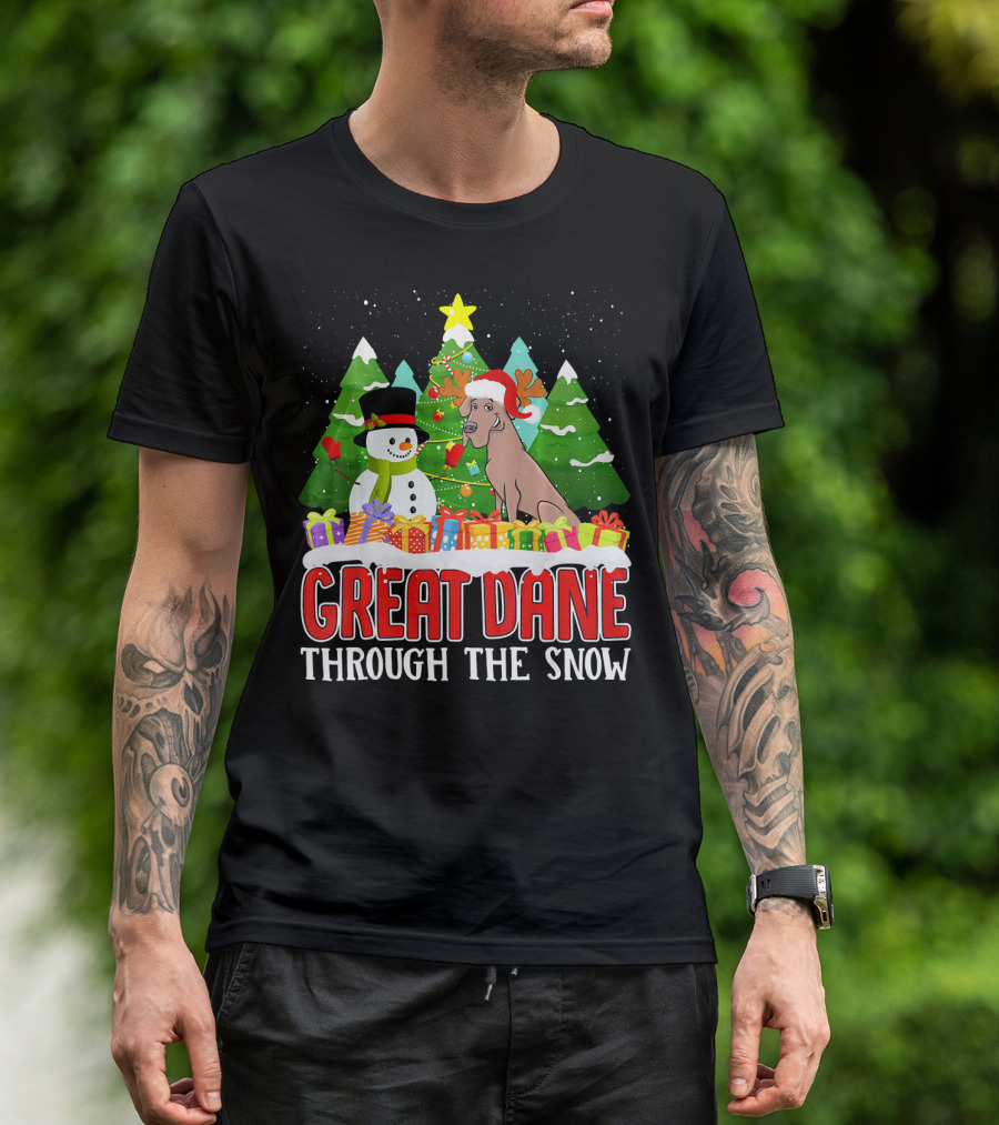 Great Dane Through The Snow Christmas Tree Snowman T-Shirt
