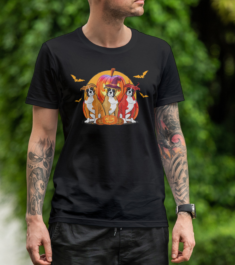 Cute Boxer Dog Lover Witch Ghosts Halloween Pumpkins Bats T-Shirt