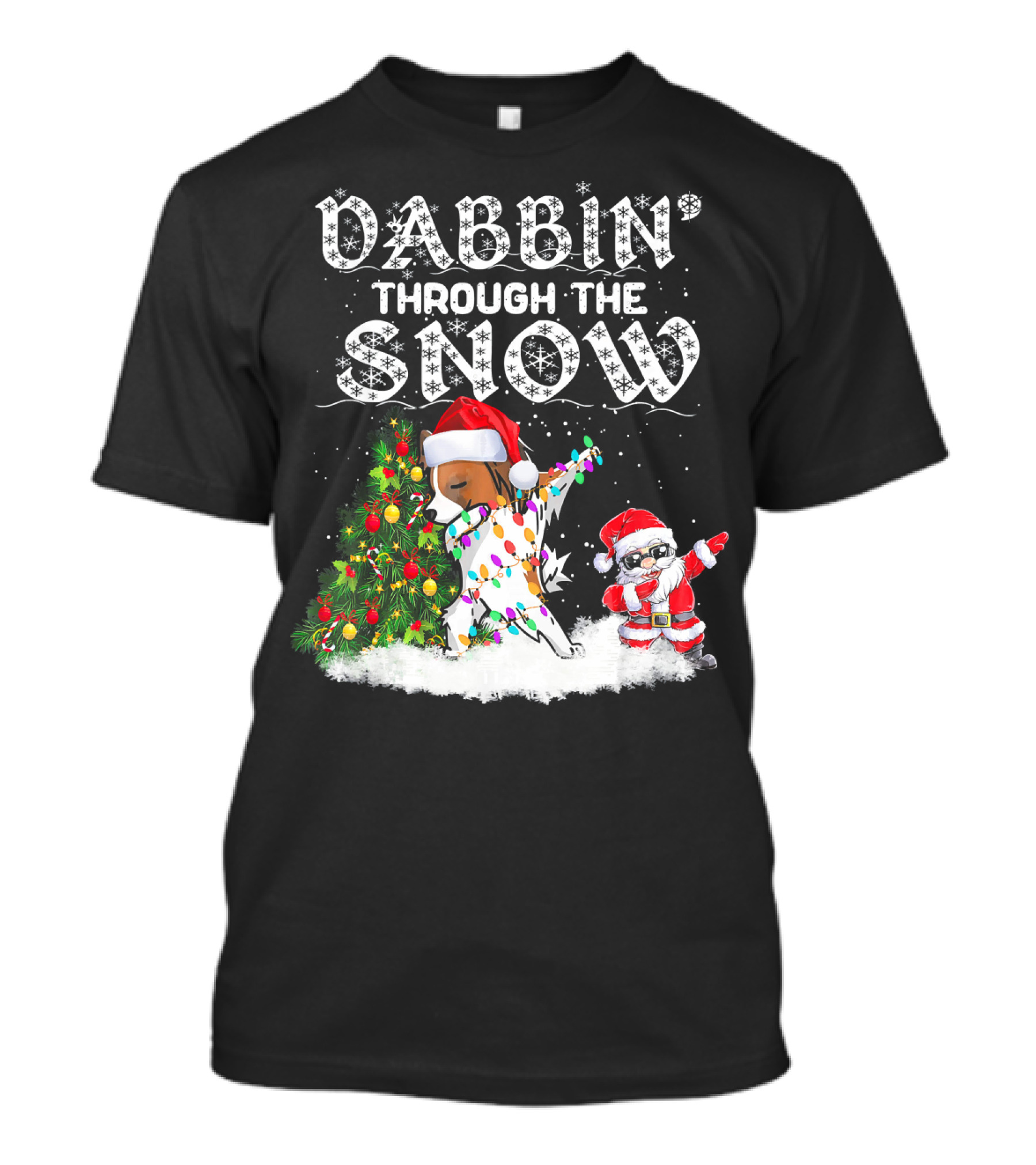 Dabbin Through The Snow Papillon Christmas Tree Santa Holiday Fun T-Shirt
