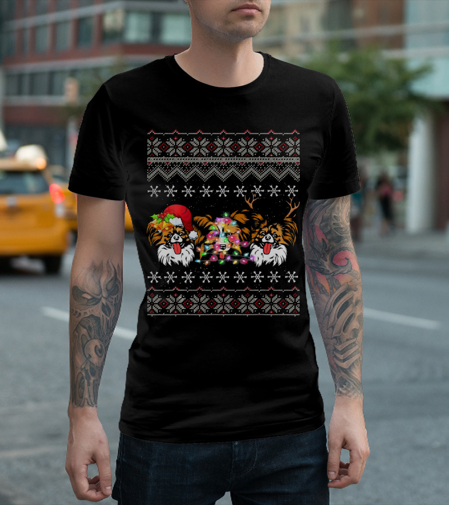 Papillon Dogs Christmas Santa Hat Lights Reindeer Antlers Snowflake T-Shirt