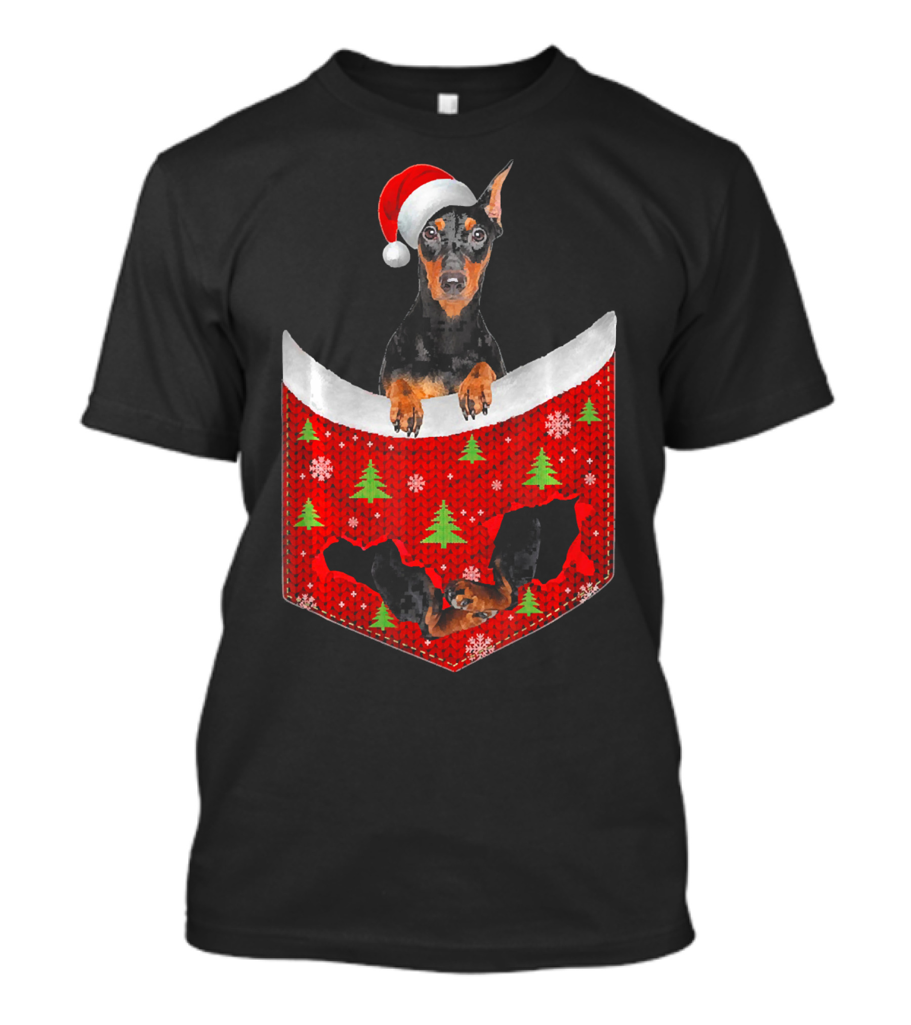 Doberman Dog In Christmas Pocket With Santa Hat And Holiday Trees T-Shirt