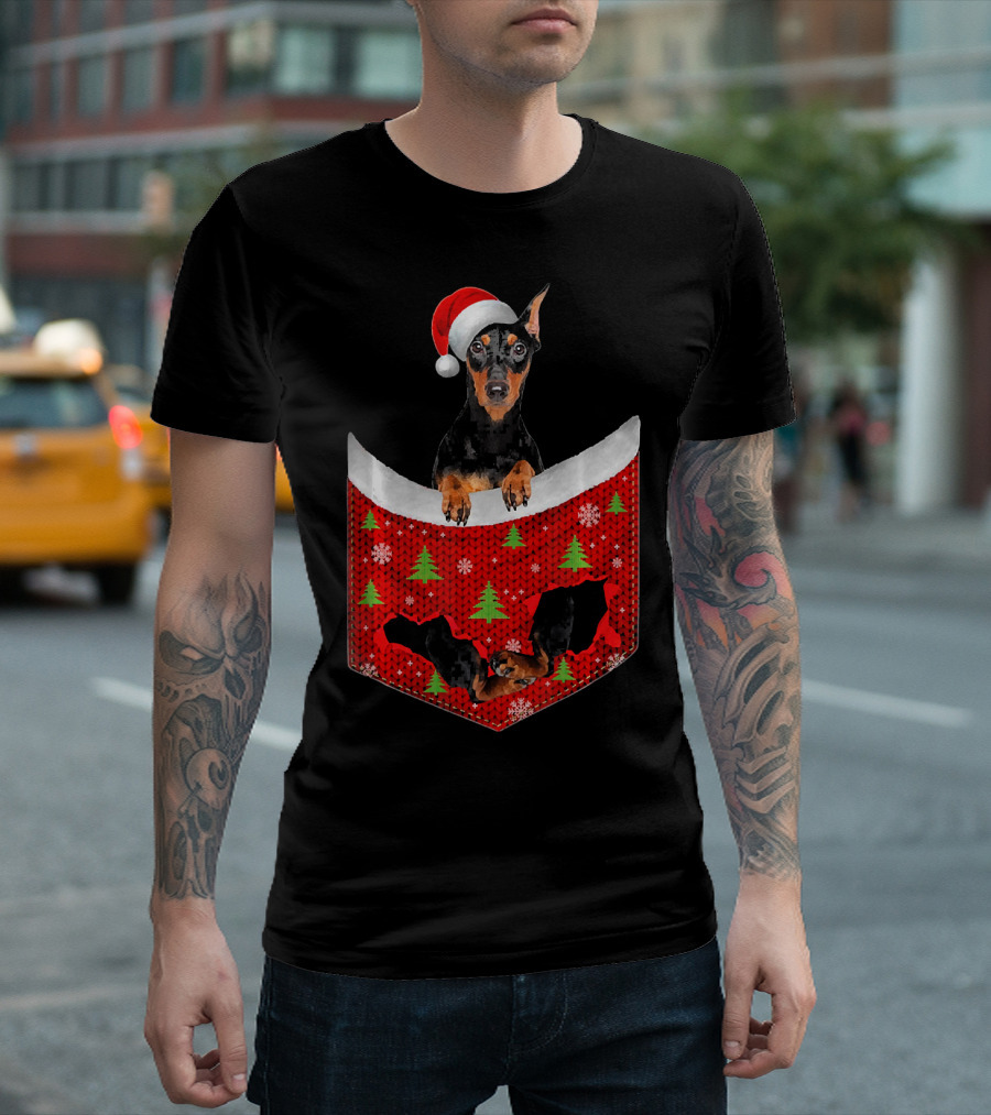 Doberman Dog In Christmas Pocket With Santa Hat And Holiday Trees T-Shirt
