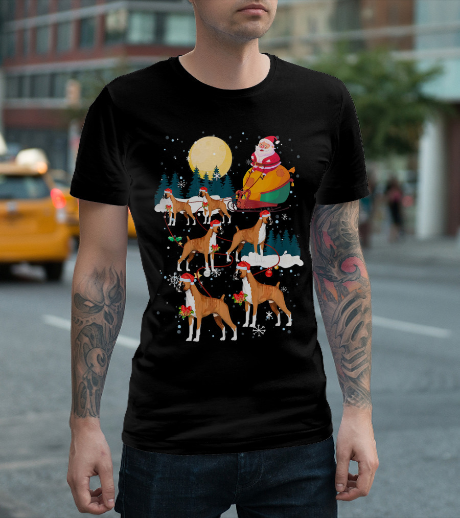 Santa Sleigh with Boxer Dogs Wearing Reindeer Antlers T-Shirt
