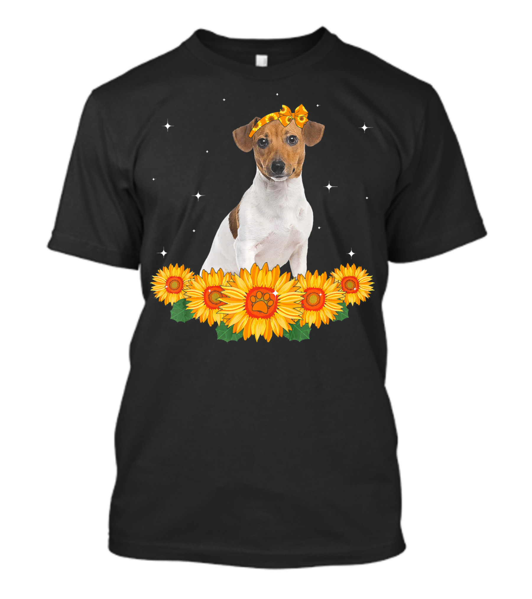 Cute Jack Russell Terrier With Sunflower Headband Surrounded By Sunflowers And Stars T-Shirt