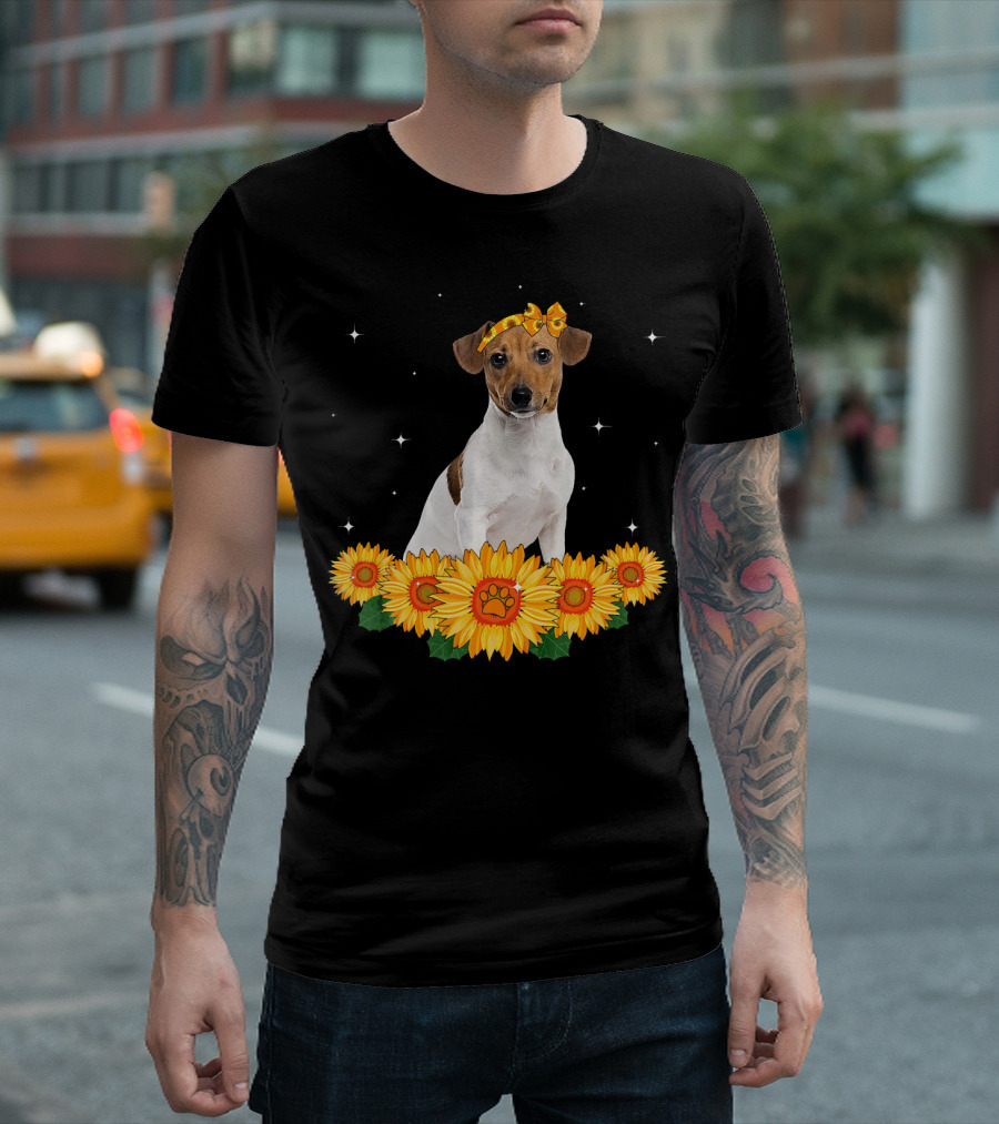Cute Jack Russell Terrier With Sunflower Headband Surrounded By Sunflowers And Stars T-Shirt