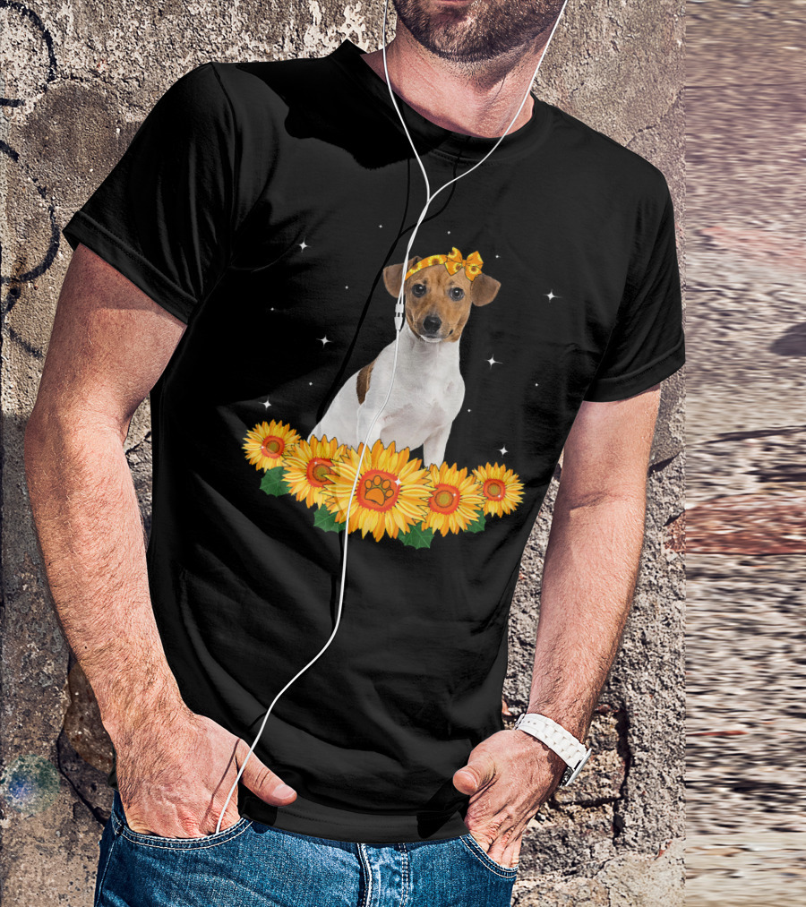 Cute Jack Russell Terrier With Sunflower Headband Surrounded By Sunflowers And Stars T-Shirt